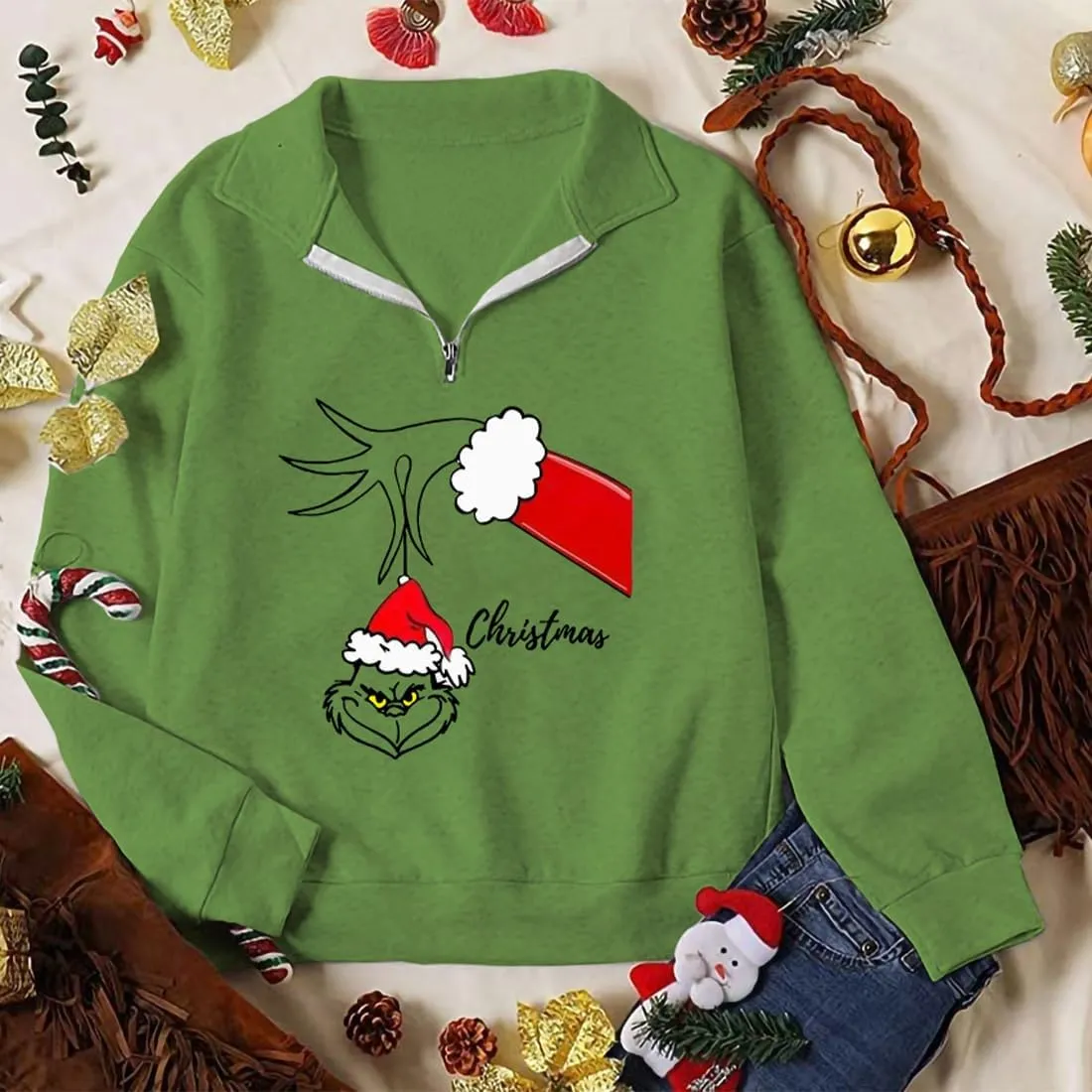 New Pullover Ugly Christmas Sweaters Cartoon Character Green Monster Print Unisex Sweatshirt with Christmas Hat