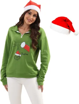 New Pullover Ugly Christmas Sweaters Cartoon Character Green Monster Print Unisex Sweatshirt with Christmas Hat