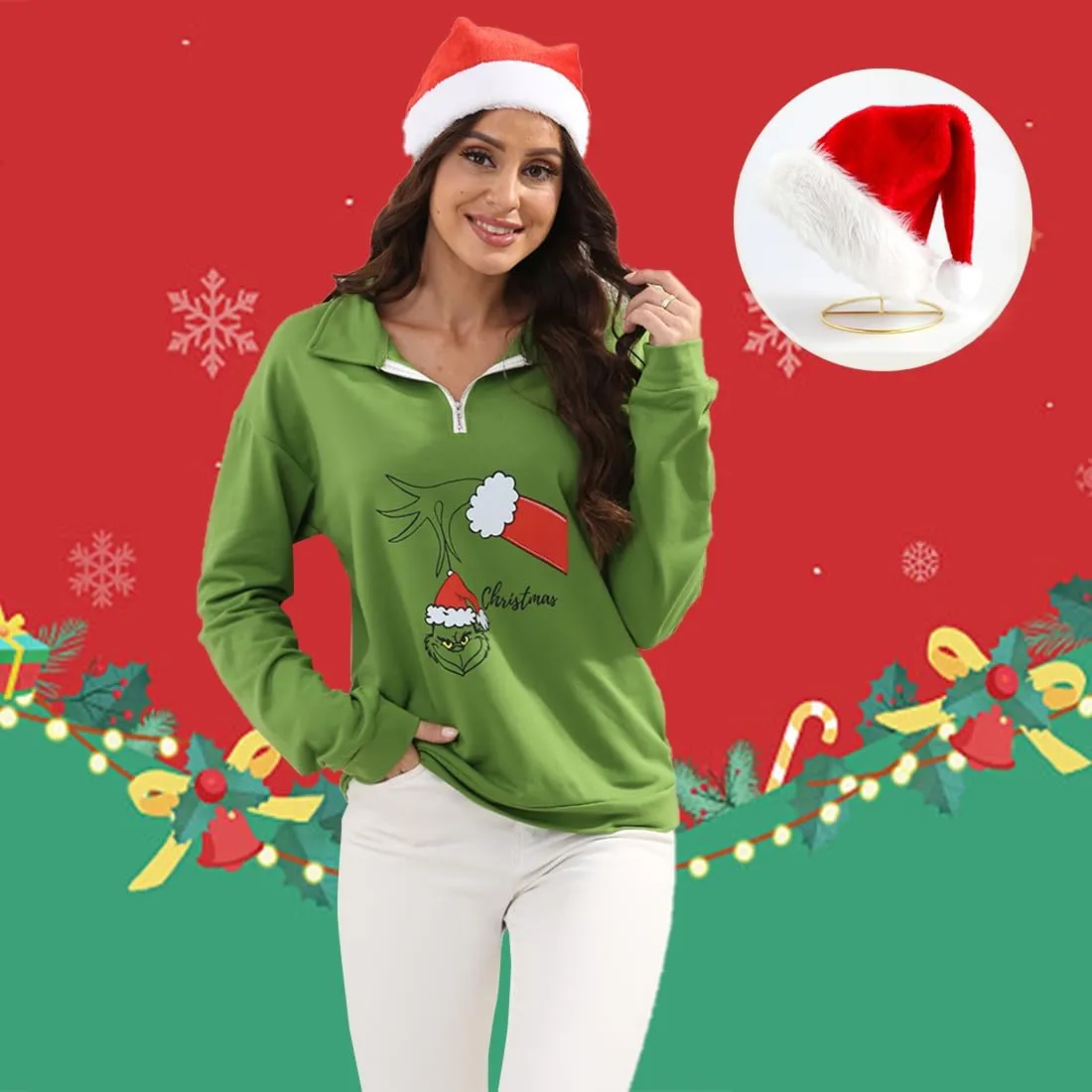 New Pullover Ugly Christmas Sweaters Cartoon Character Green Monster Print Unisex Sweatshirt with Christmas Hat