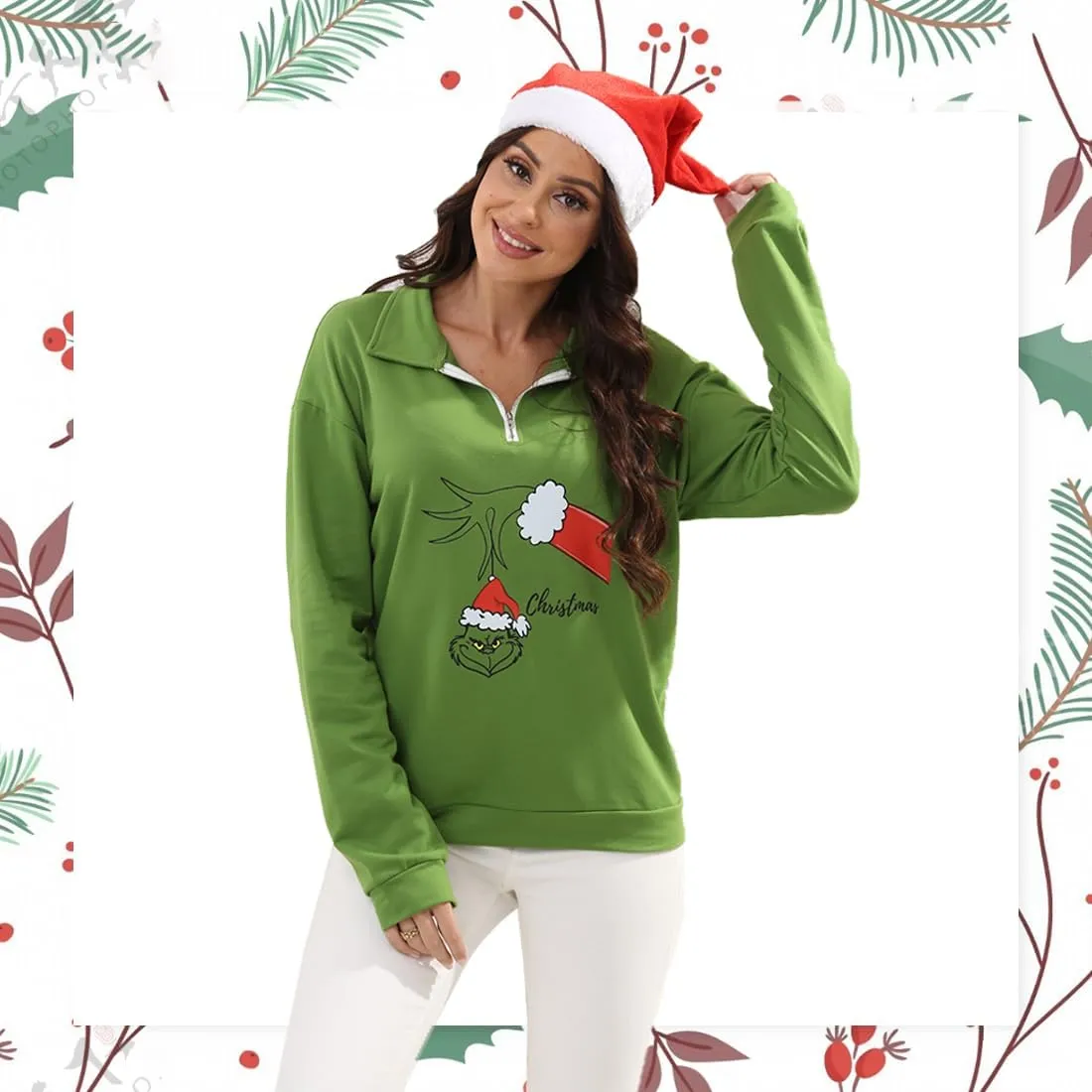 New Pullover Ugly Christmas Sweaters Cartoon Character Green Monster Print Unisex Sweatshirt with Christmas Hat