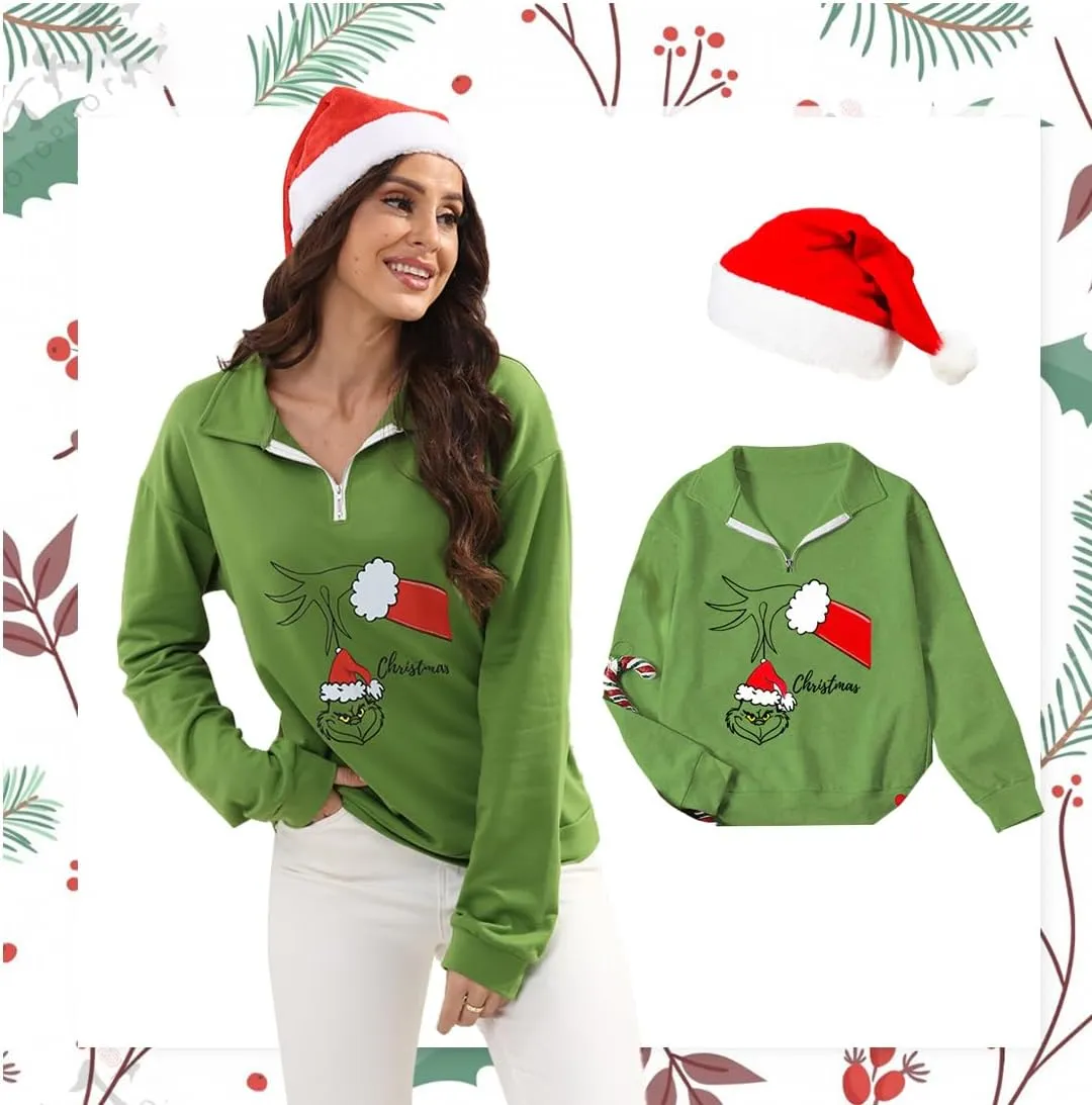 New Pullover Ugly Christmas Sweaters Cartoon Character Green Monster Print Unisex Sweatshirt with Christmas Hat