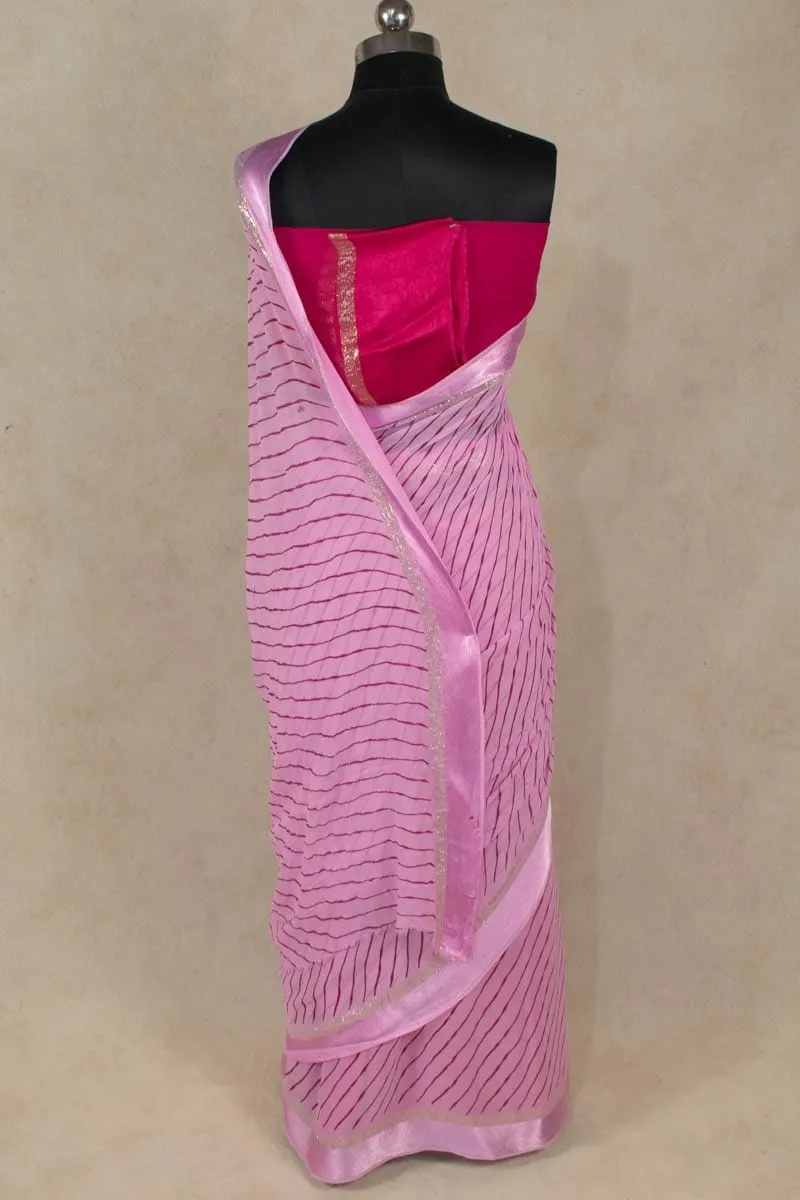 Pink Hand Screen Print Leheriya Saree