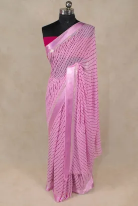 Pink Hand Screen Print Leheriya Saree