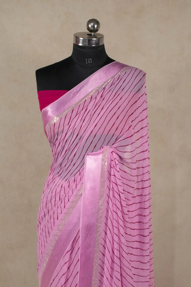 Pink Hand Screen Print Leheriya Saree