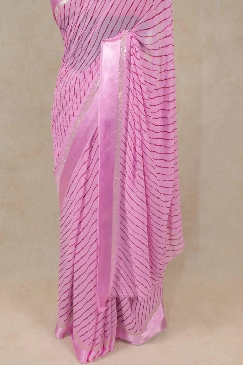 Pink Hand Screen Print Leheriya Saree