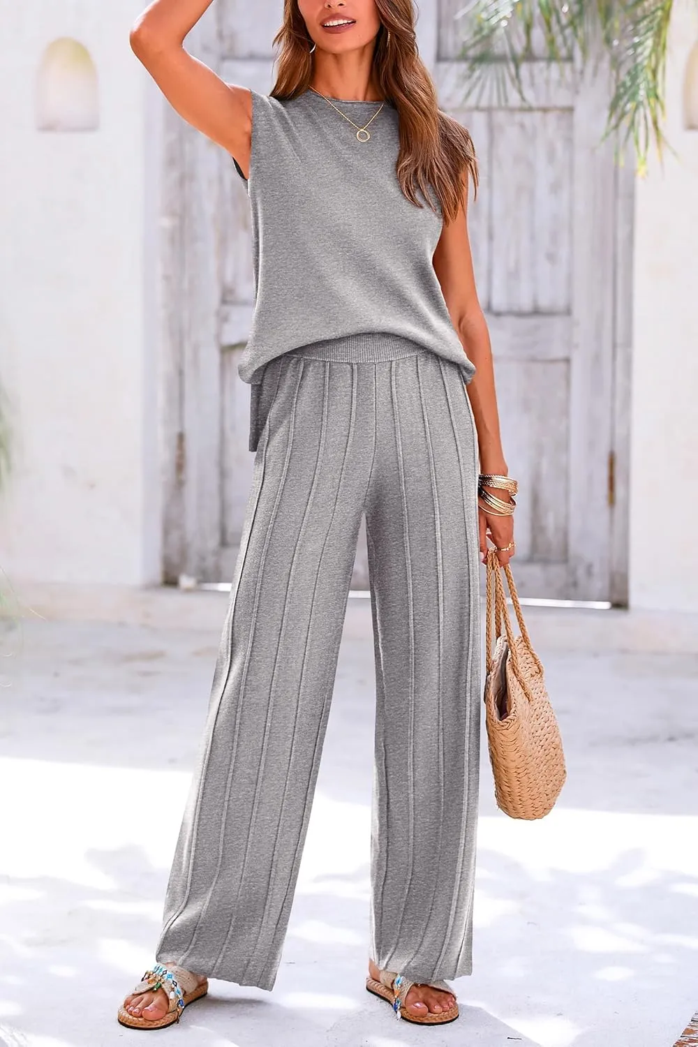 PRETTYGARDEN Women's 2 Piece Outfits Knit Loungewear High Low Pullover Tops and Wide Leg Pants Casual Sweater Sets Tracksuits