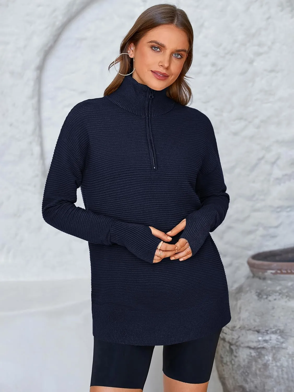 PRETTYGARDEN Womens Long Sleeve Quarter Zip Pullover Sweater Casual Loose V Neck Collared Ribbed Knit Jumper Tops Thumb Hole