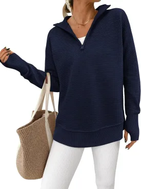 PRETTYGARDEN Womens Long Sleeve Quarter Zip Pullover Sweater Casual Loose V Neck Collared Ribbed Knit Jumper Tops Thumb Hole