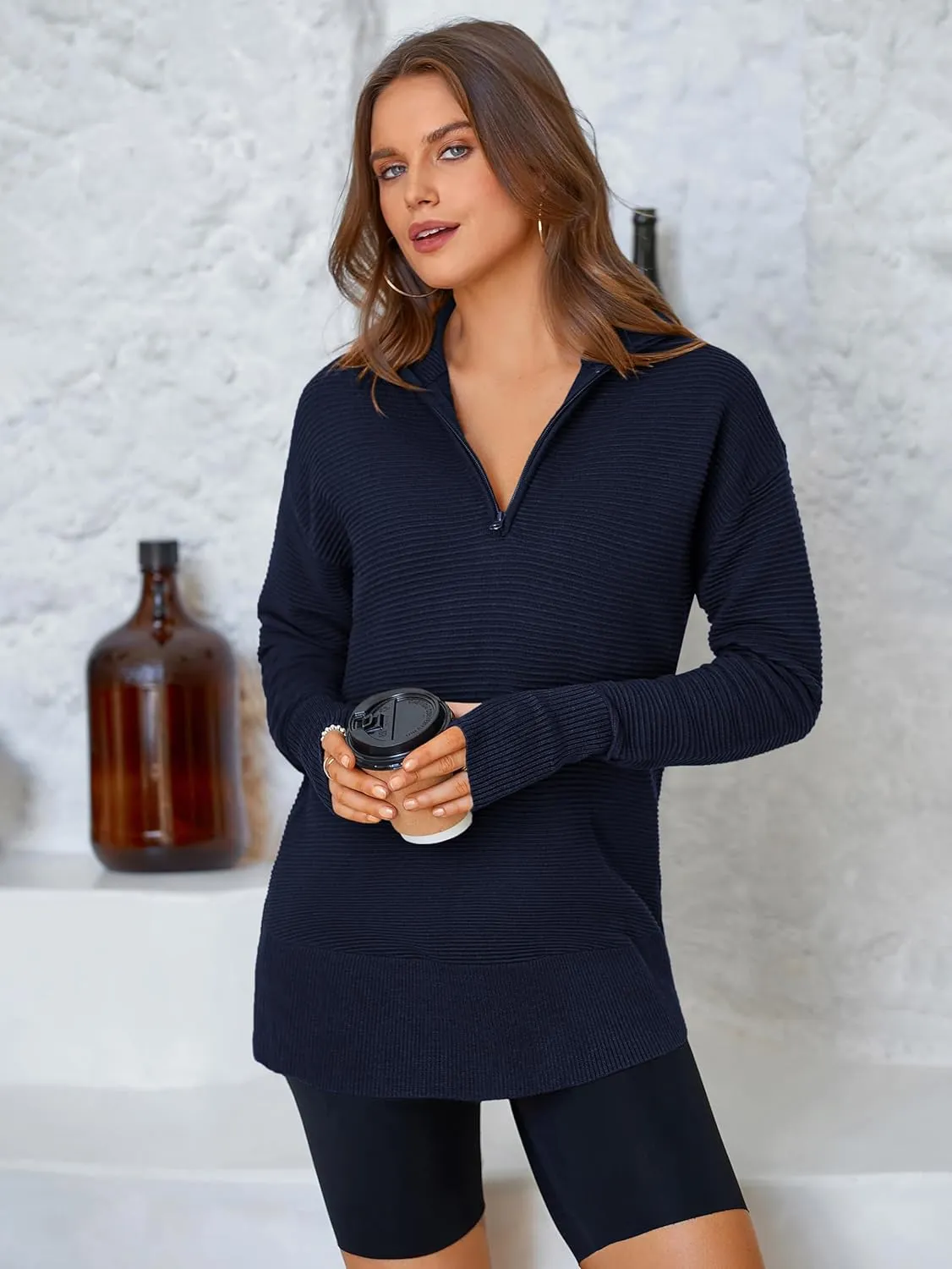 PRETTYGARDEN Womens Long Sleeve Quarter Zip Pullover Sweater Casual Loose V Neck Collared Ribbed Knit Jumper Tops Thumb Hole
