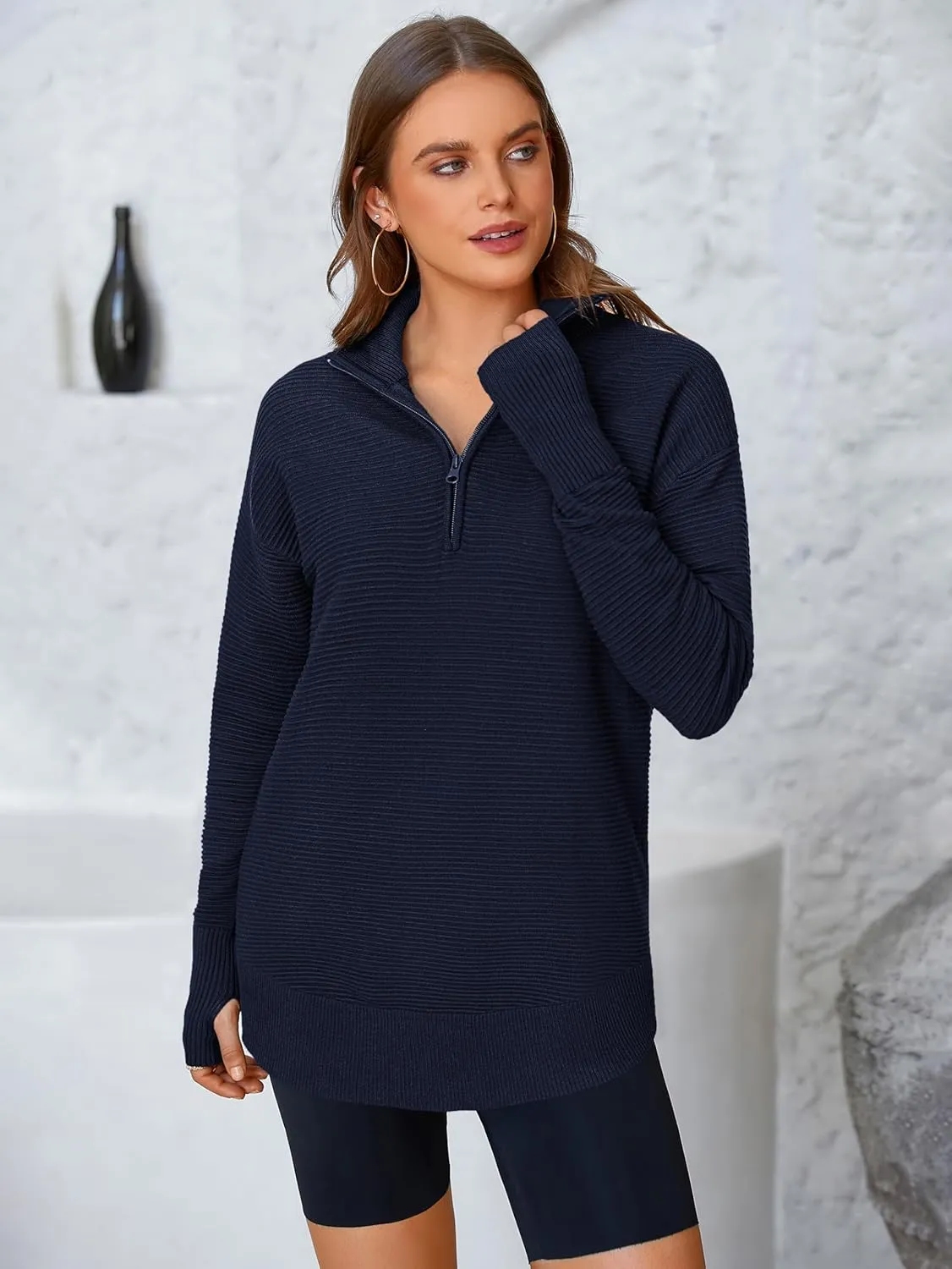 PRETTYGARDEN Womens Long Sleeve Quarter Zip Pullover Sweater Casual Loose V Neck Collared Ribbed Knit Jumper Tops Thumb Hole