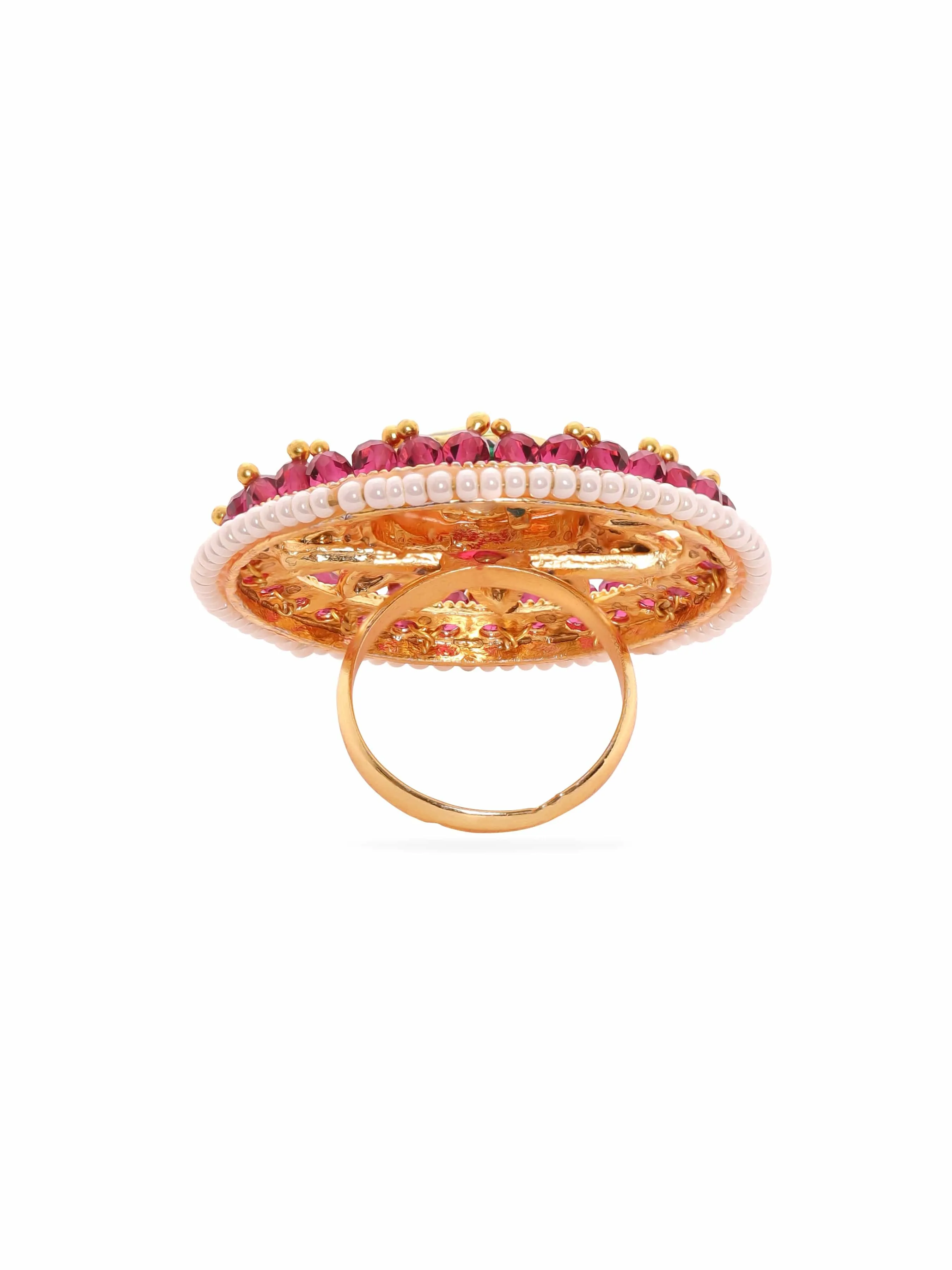 Rubans 22K Gold Plated Kundan Studded Red & Green Crystal with Pearl beaded Handcrafted Adjustable Ring