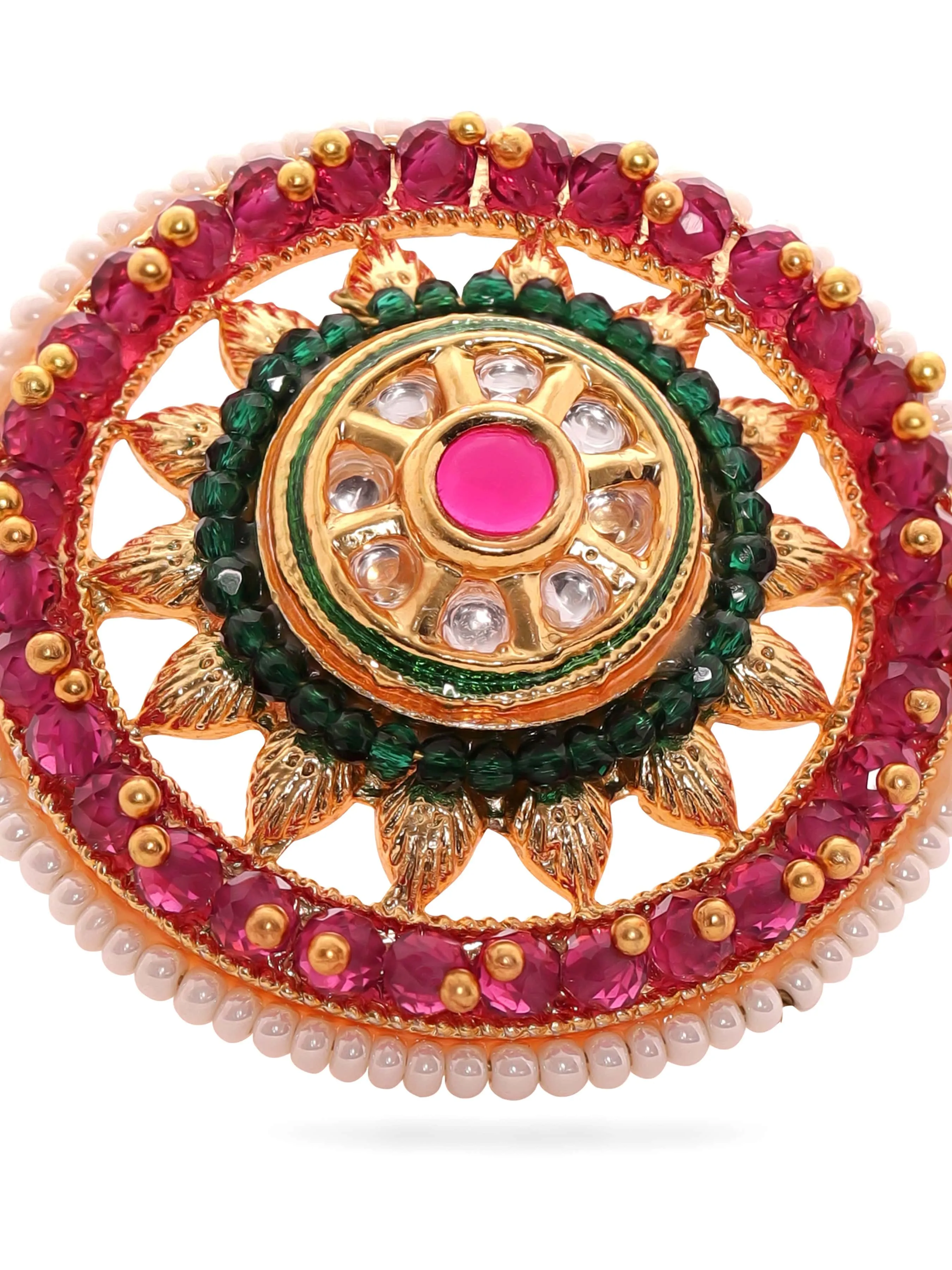 Rubans 22K Gold Plated Kundan Studded Red & Green Crystal with Pearl beaded Handcrafted Adjustable Ring