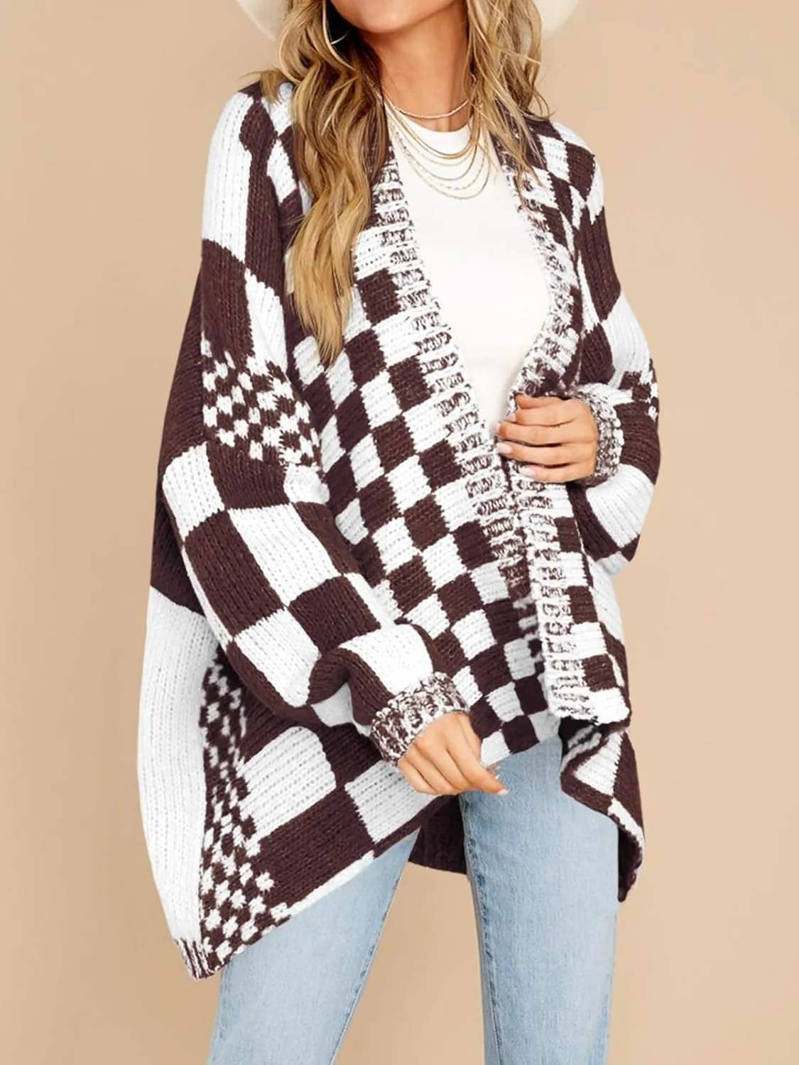 Saodimallsu Womens Checkered Sweater Color Block Plaid Cardigans Oversized Long Sleeve Knit Open Front Coats