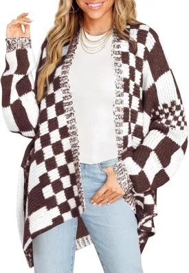 Saodimallsu Womens Checkered Sweater Color Block Plaid Cardigans Oversized Long Sleeve Knit Open Front Coats