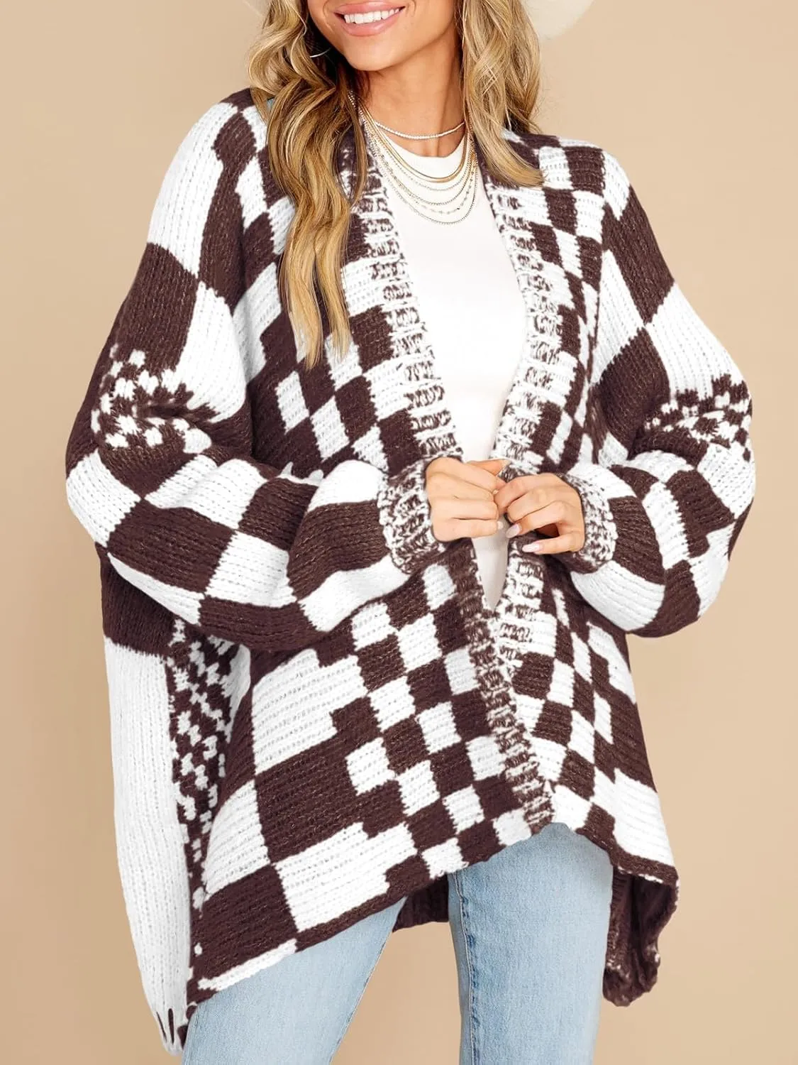 Saodimallsu Womens Checkered Sweater Color Block Plaid Cardigans Oversized Long Sleeve Knit Open Front Coats