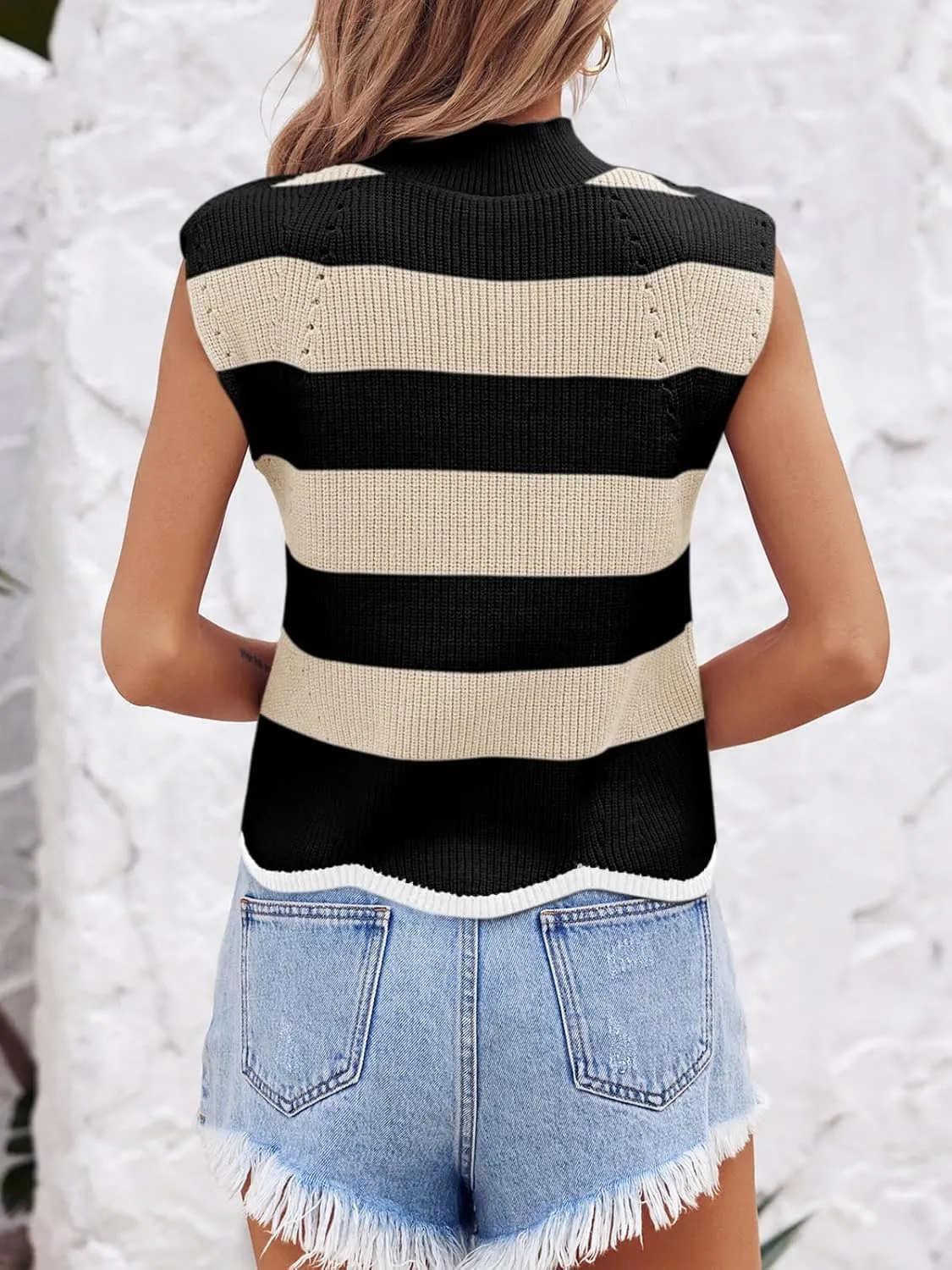 Saodimallsu Womens Striped Sweater Vest Sleeveless Mock Neck Cap Sleeve Ribbed Knit Summer Crop Tops