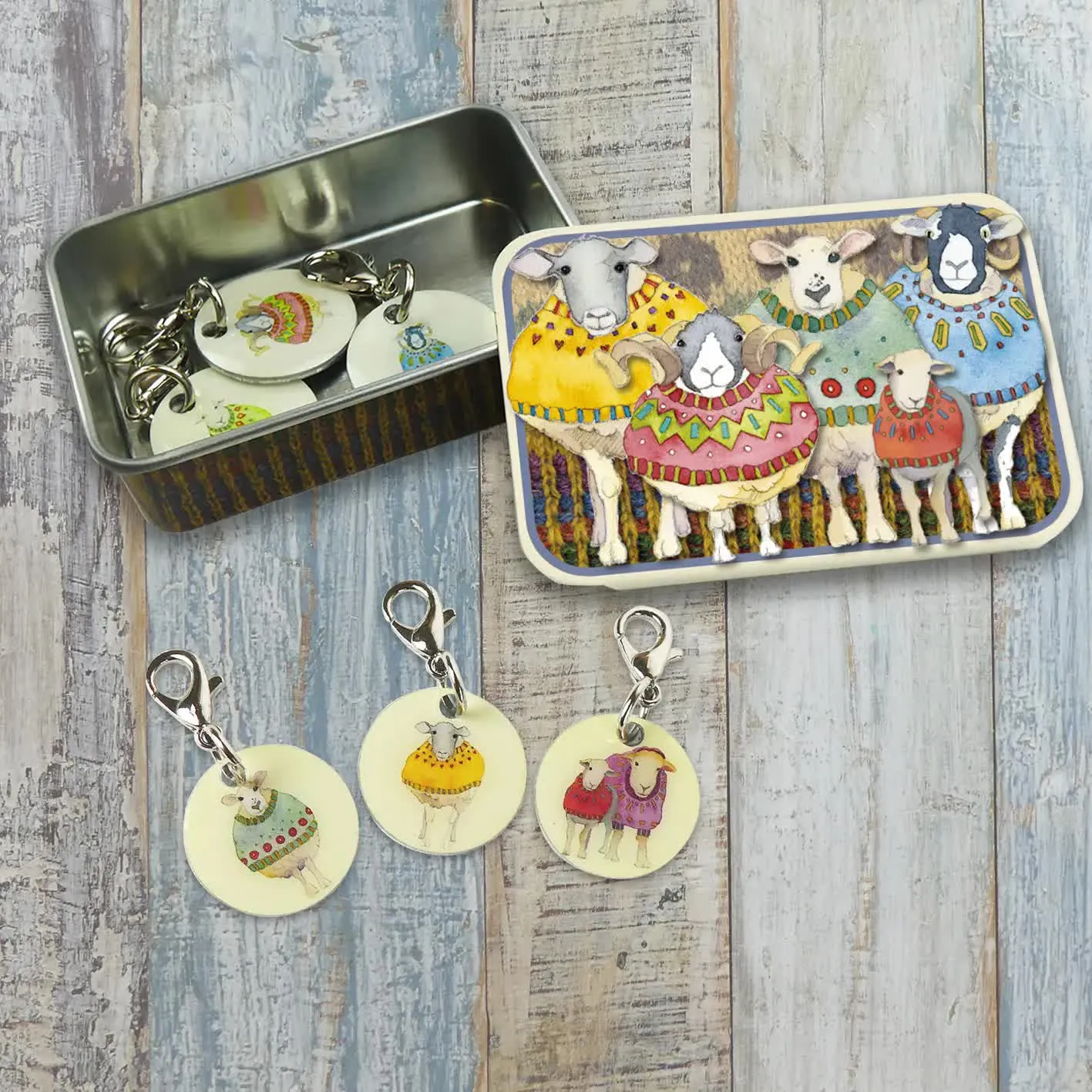 Sheep in Sweaters Crochet Stitch Markers in a Tin