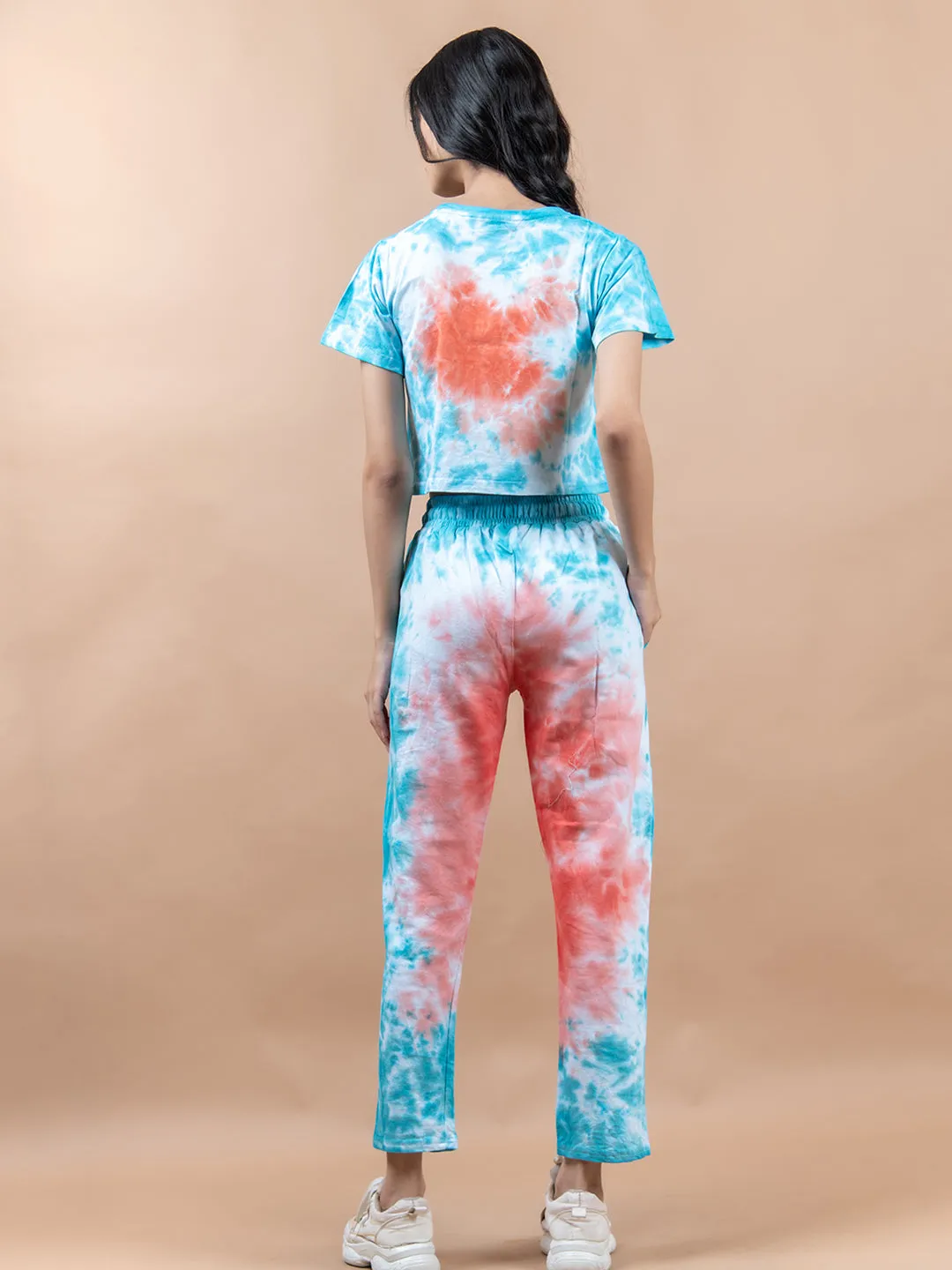 Sky Blue & Orange Color Tie-Dye Cotton Crop Top and Jogger Set For Women