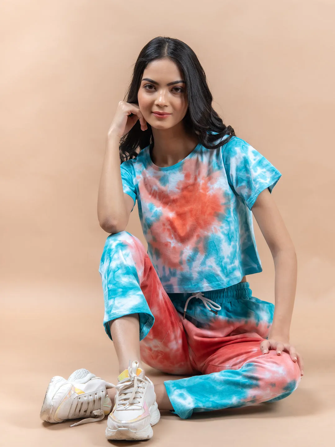 Sky Blue & Orange Color Tie-Dye Cotton Crop Top and Jogger Set For Women
