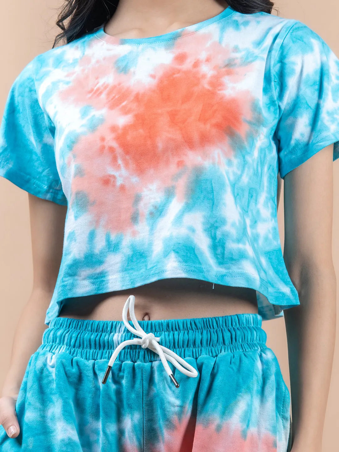 Sky Blue & Orange Color Tie-Dye Cotton Crop Top and Jogger Set For Women