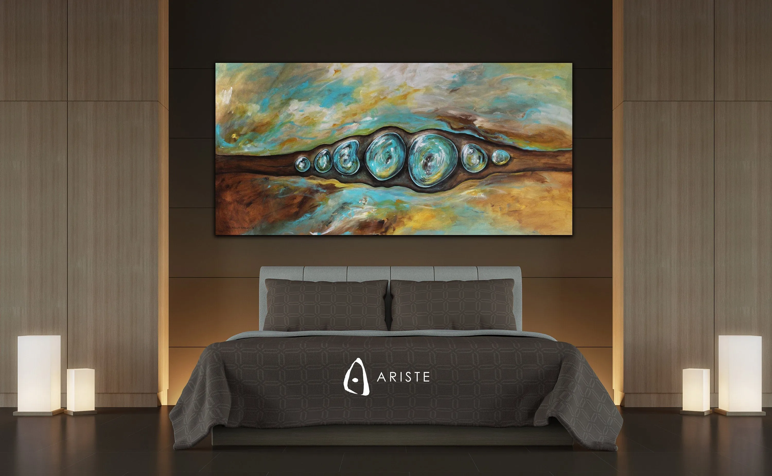 Teal blue & brown abstract oversized wall art made to order in a custom size