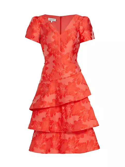Teri Jon Red Floral Tiered Cocktail Dress