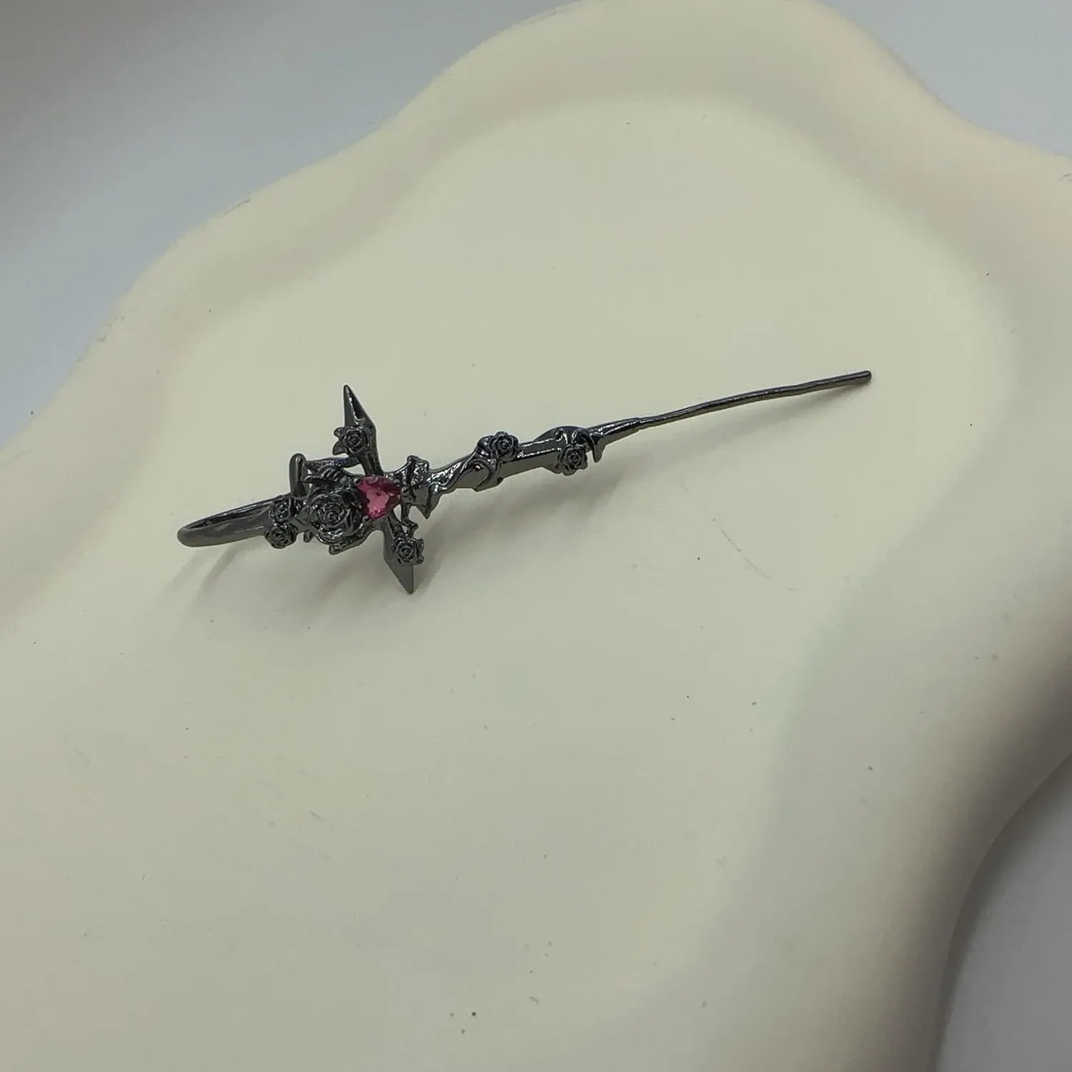 Vintage Ear Wrap Crawler Hook Earrings - Silver Black Cross Moon Star Design for Women - Punk Rock Gothic Rhinestone Wire Needle Jewelry