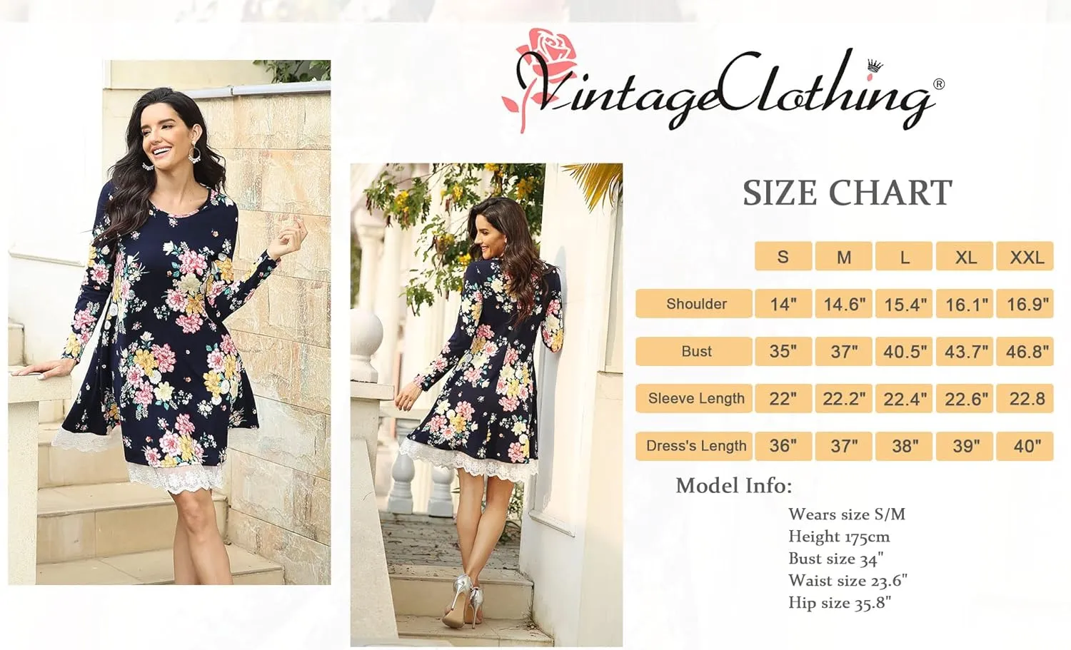 VintageClothing Women's Casual T Shirt Dresses Long Sleeve Loose Swing Dress with Pockets