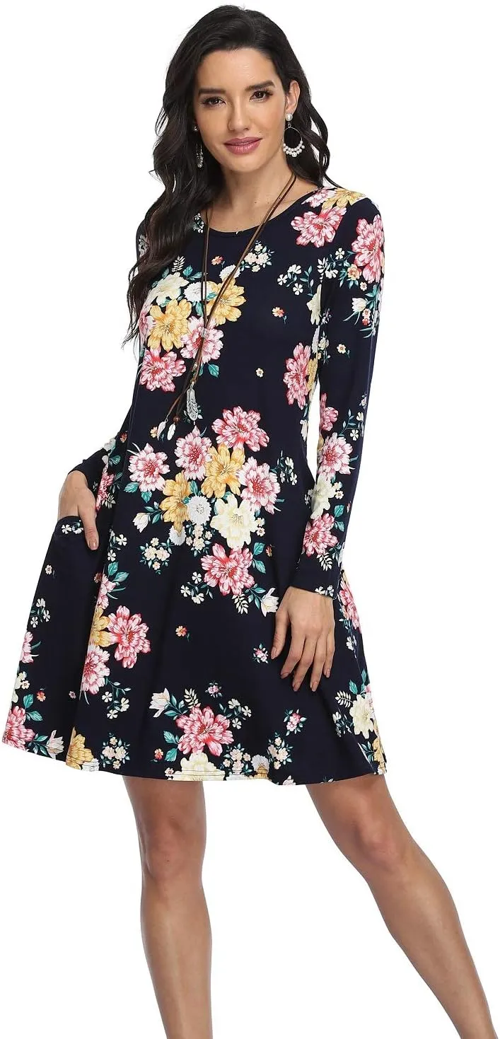 VintageClothing Women's Casual T Shirt Dresses Long Sleeve Loose Swing Dress with Pockets