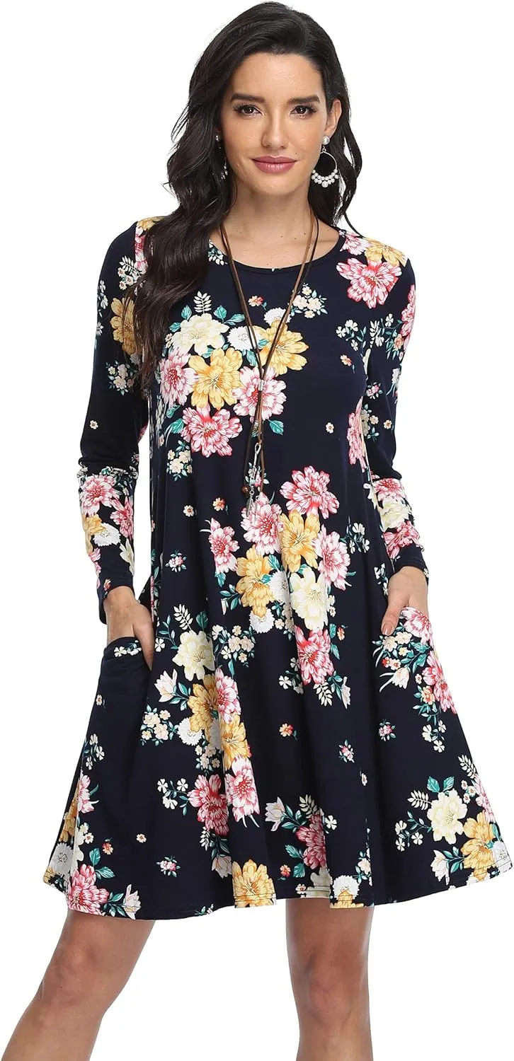 VintageClothing Women's Casual T Shirt Dresses Long Sleeve Loose Swing Dress with Pockets