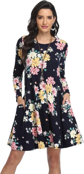 VintageClothing Women's Casual T Shirt Dresses Long Sleeve Loose Swing Dress with Pockets