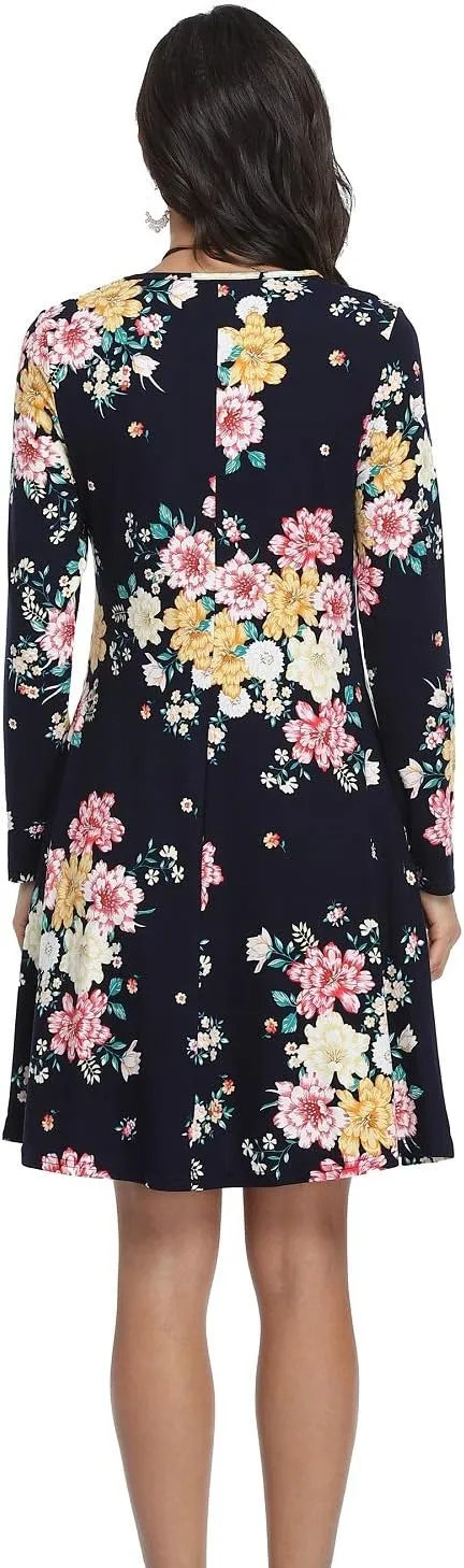 VintageClothing Women's Casual T Shirt Dresses Long Sleeve Loose Swing Dress with Pockets