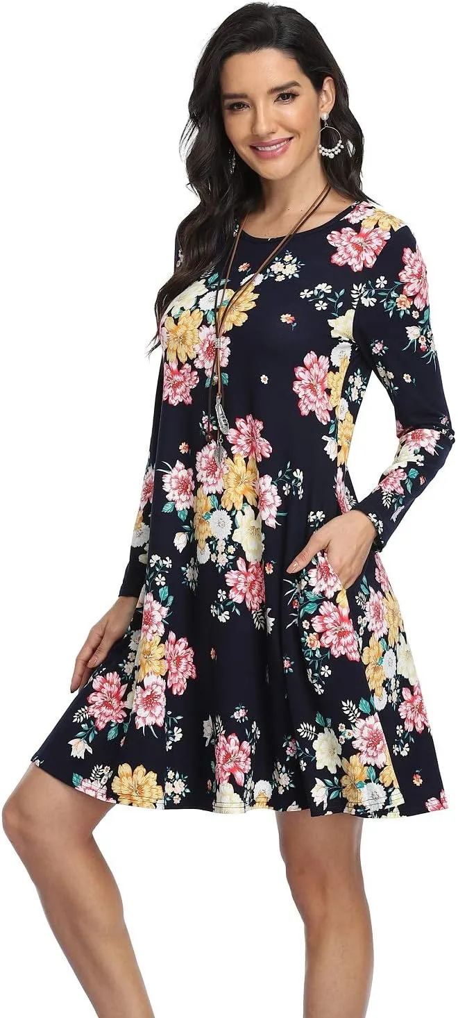 VintageClothing Women's Casual T Shirt Dresses Long Sleeve Loose Swing Dress with Pockets