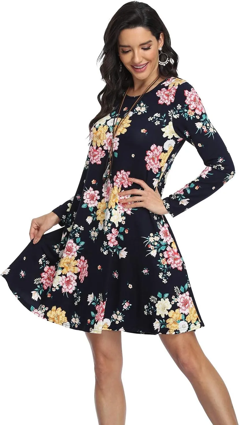 VintageClothing Women's Casual T Shirt Dresses Long Sleeve Loose Swing Dress with Pockets