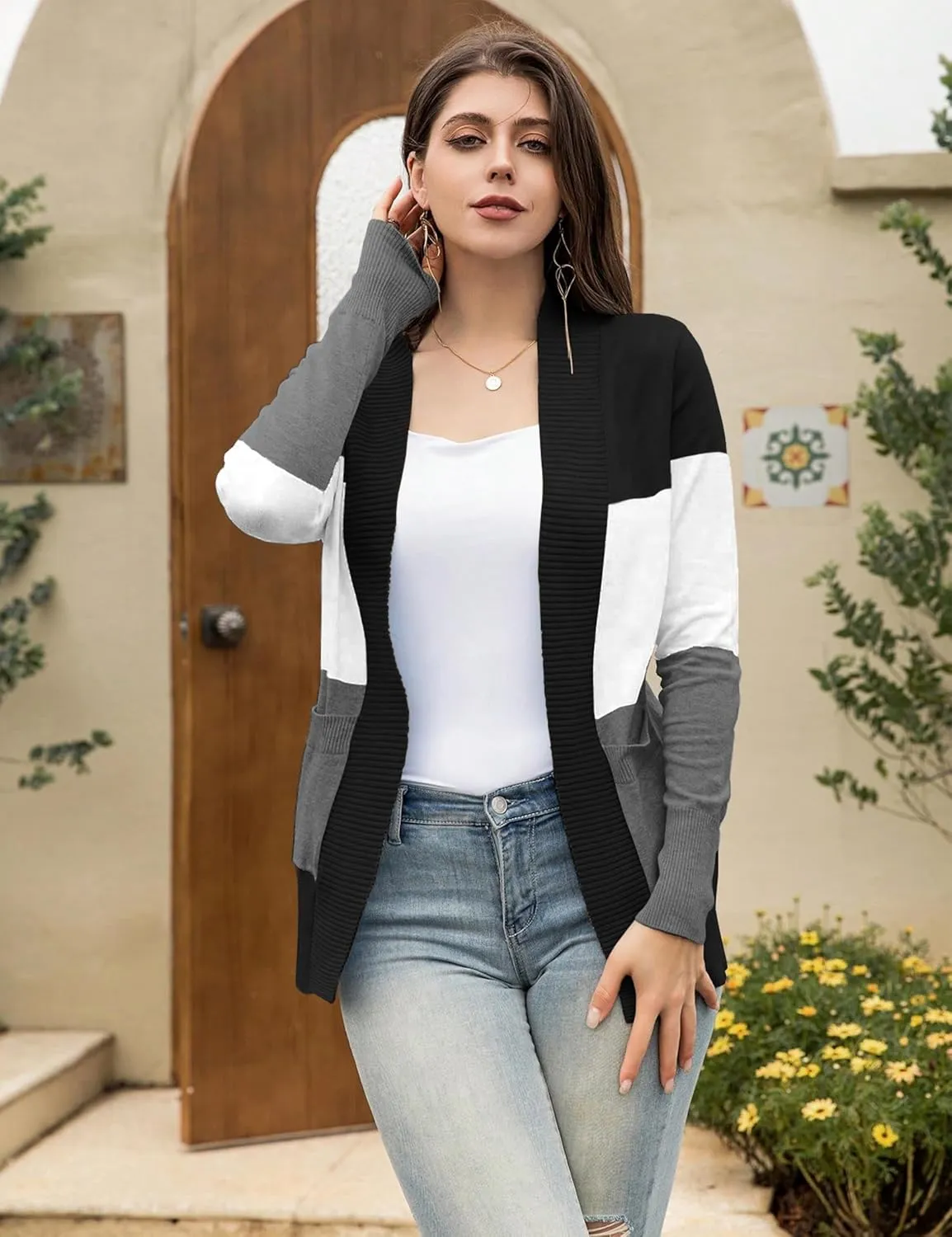 VOIANLIMO Women's Open Front Casual Long Sleeve Knit Classic Sweaters Cardigan with Pockets