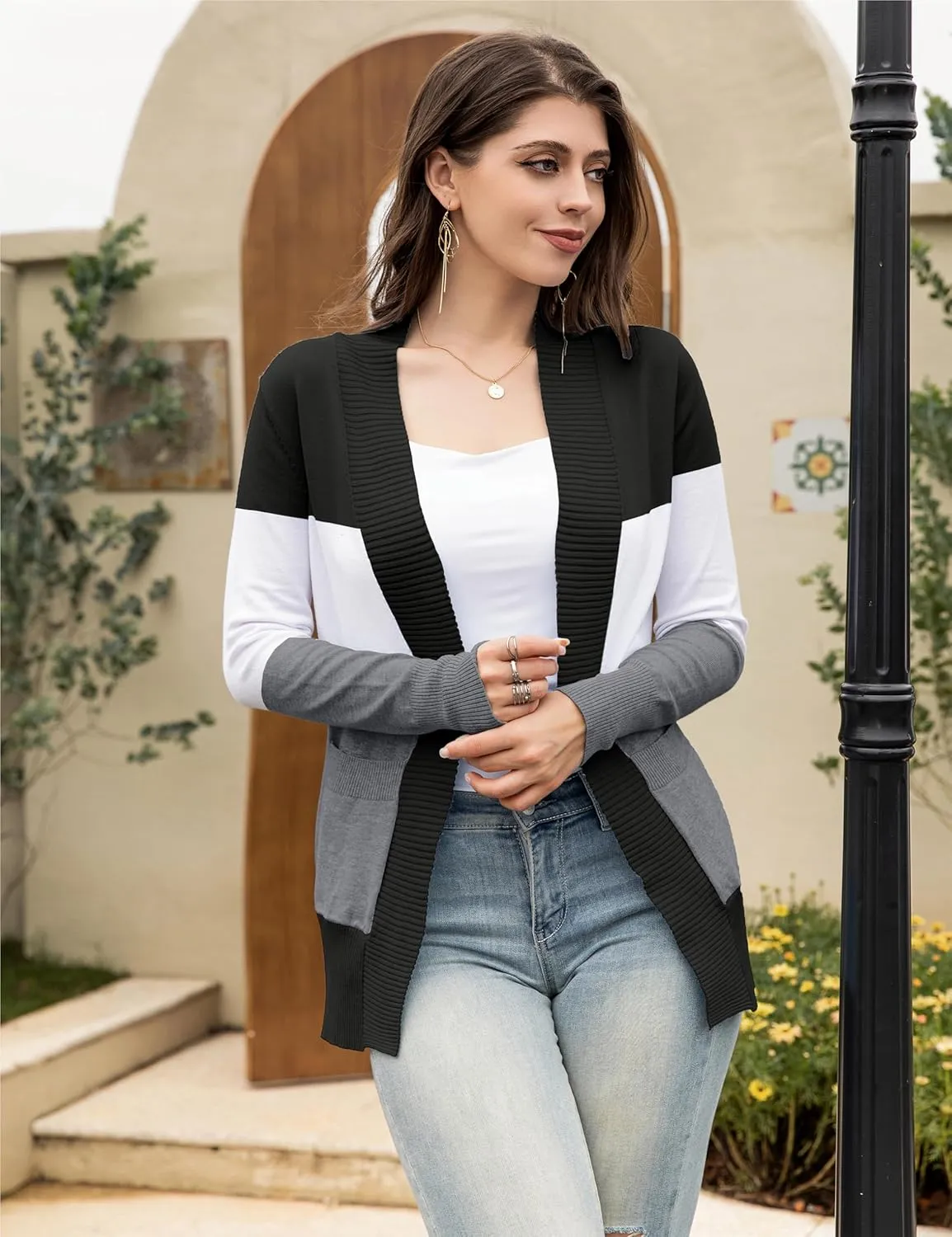 VOIANLIMO Women's Open Front Casual Long Sleeve Knit Classic Sweaters Cardigan with Pockets