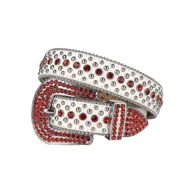 White Strap With Red & Metal Studded Rhinestone Belt