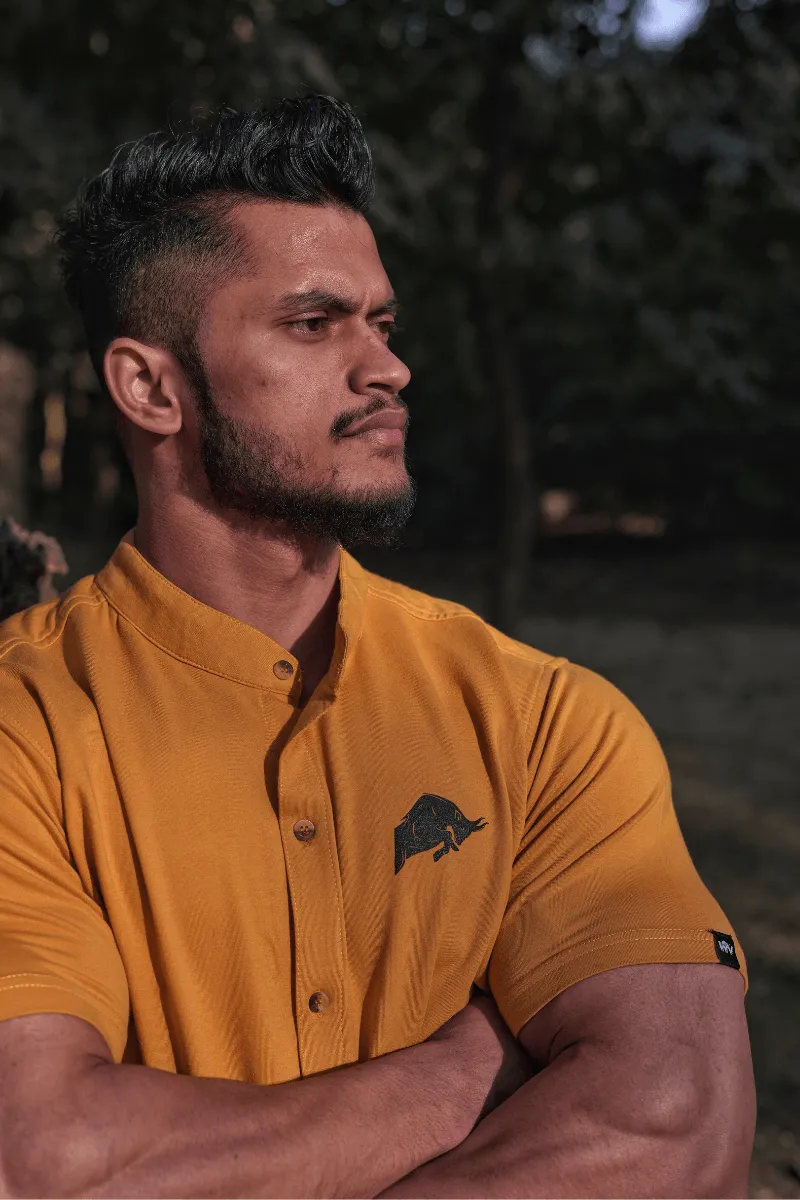 WILD VERVE SLIM STRETCH MUSTARD GRANDAD COLLAR SHIRT