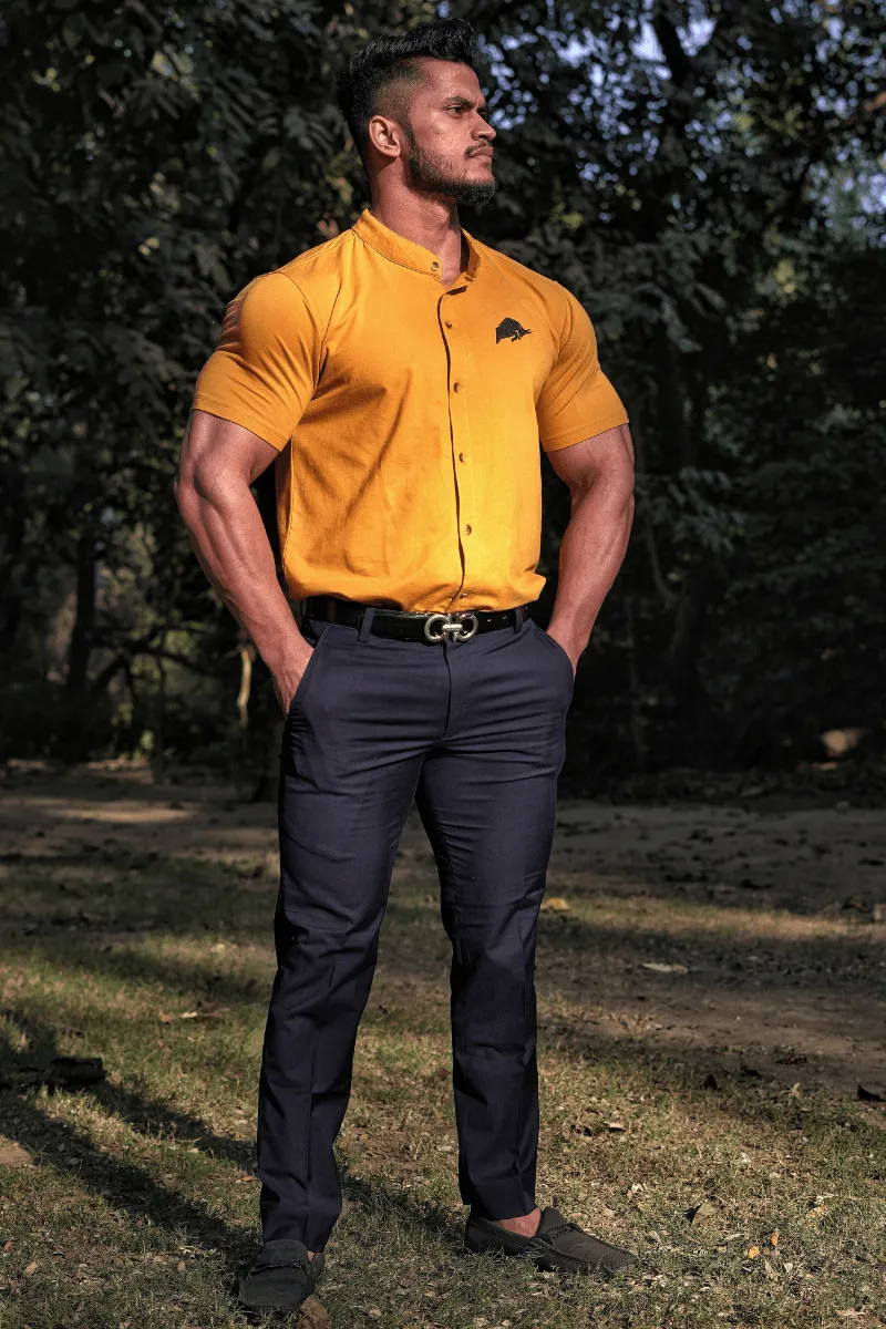 WILD VERVE SLIM STRETCH MUSTARD GRANDAD COLLAR SHIRT