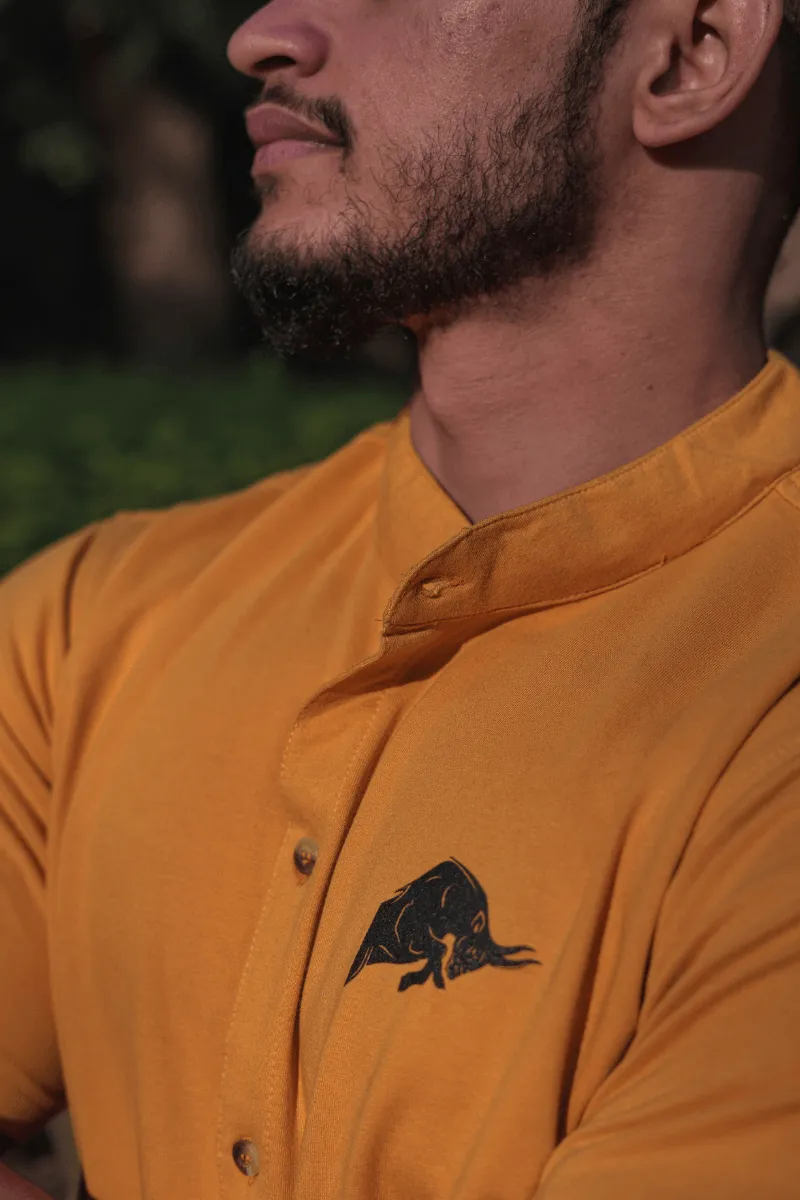 WILD VERVE SLIM STRETCH MUSTARD GRANDAD COLLAR SHIRT