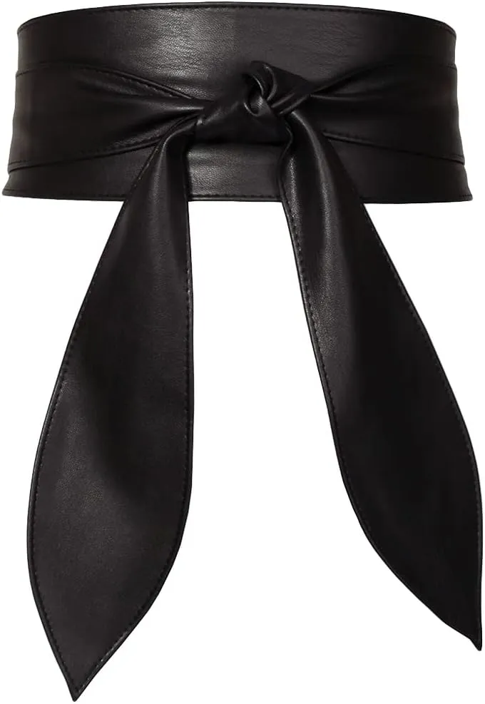 Women Obi Belt Bow Tie Wrap Wide Waistband Faux Leather Wide Cinch Belt for Dresses - Black