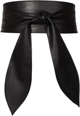 Women Obi Belt Bow Tie Wrap Wide Waistband Faux Leather Wide Cinch Belt for Dresses - Black