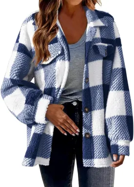 Womens Fuzzy Flannel Jacket Fall Fashion Sherpa Lined Plaid Shacket Jacket Long Sleeve Button Down Fleece Hoodies 