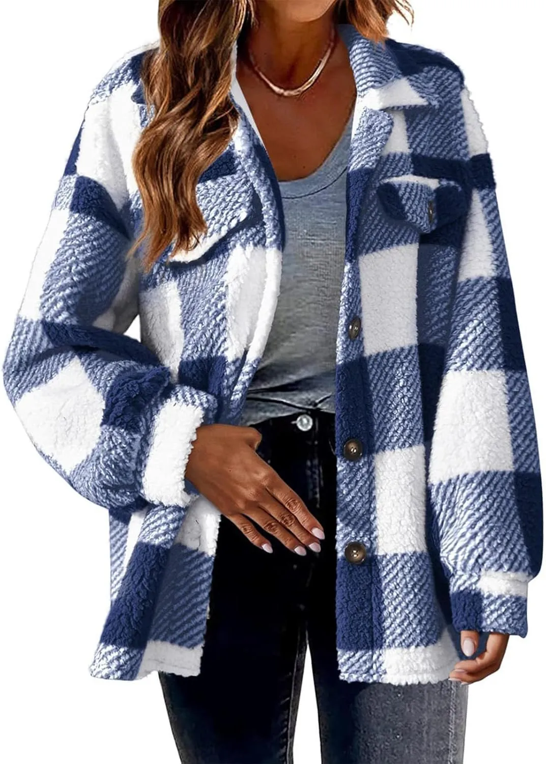 Womens Fuzzy Flannel Jacket Fall Fashion Sherpa Lined Plaid Shacket Jacket Long Sleeve Button Down Fleece Hoodies 