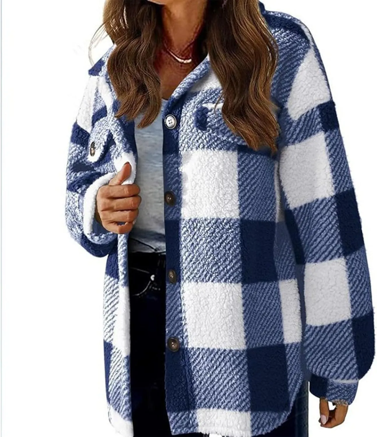 Womens Fuzzy Flannel Jacket Fall Fashion Sherpa Lined Plaid Shacket Jacket Long Sleeve Button Down Fleece Hoodies 