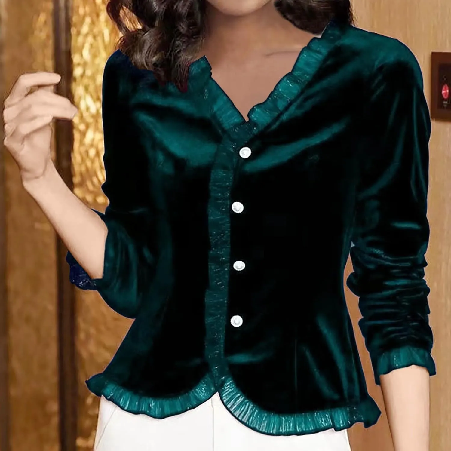 Women's Lace Trim Velvet Tops V Neck Button Down Shirts Long Sleeve V Neck Work Top Solid Vintage Classy Blouses