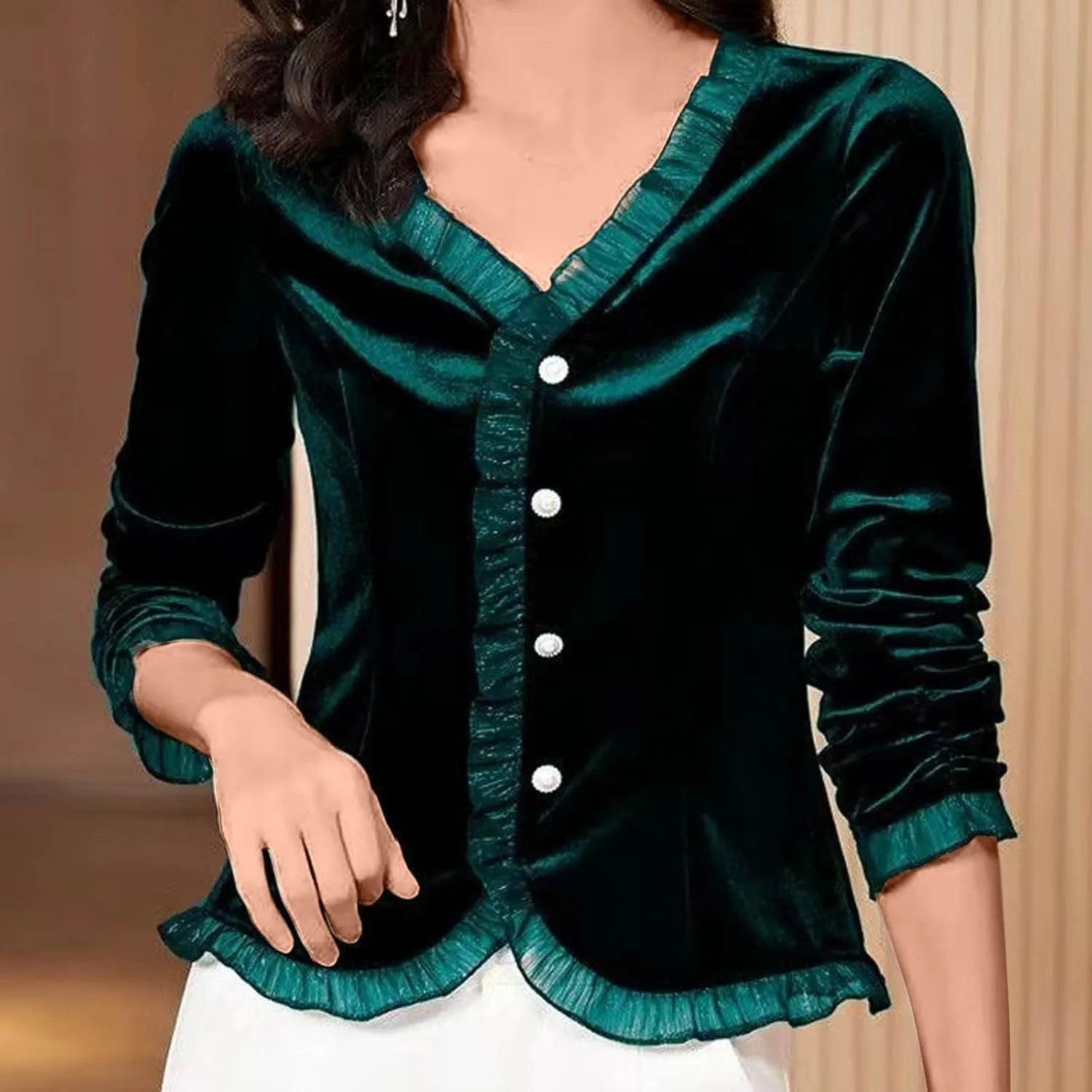 Women's Lace Trim Velvet Tops V Neck Button Down Shirts Long Sleeve V Neck Work Top Solid Vintage Classy Blouses