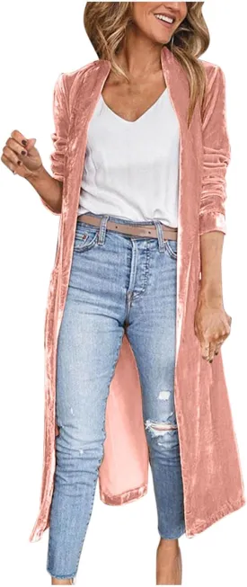 Women's Long Velvet Cardigan Jacket Lapel Collar Open Front Vintage Cardigan 2024 Trendy Solid Color Casual Long Top