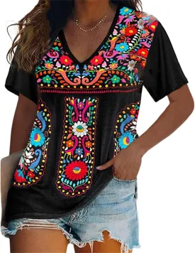 Womens Mexican Embroidered Tops Short Sleeve Fiesta Shirts Floral Peasant Blouses