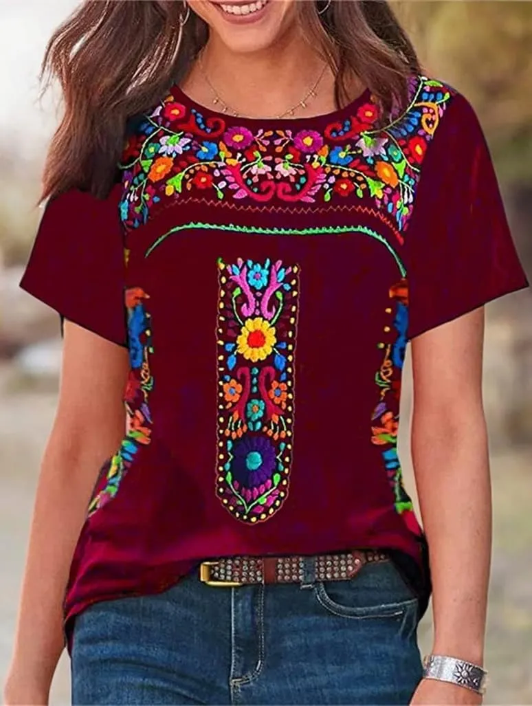 Womens Mexican Embroidered Tops Short Sleeve Fiesta Shirts Floral Peasant Blouses